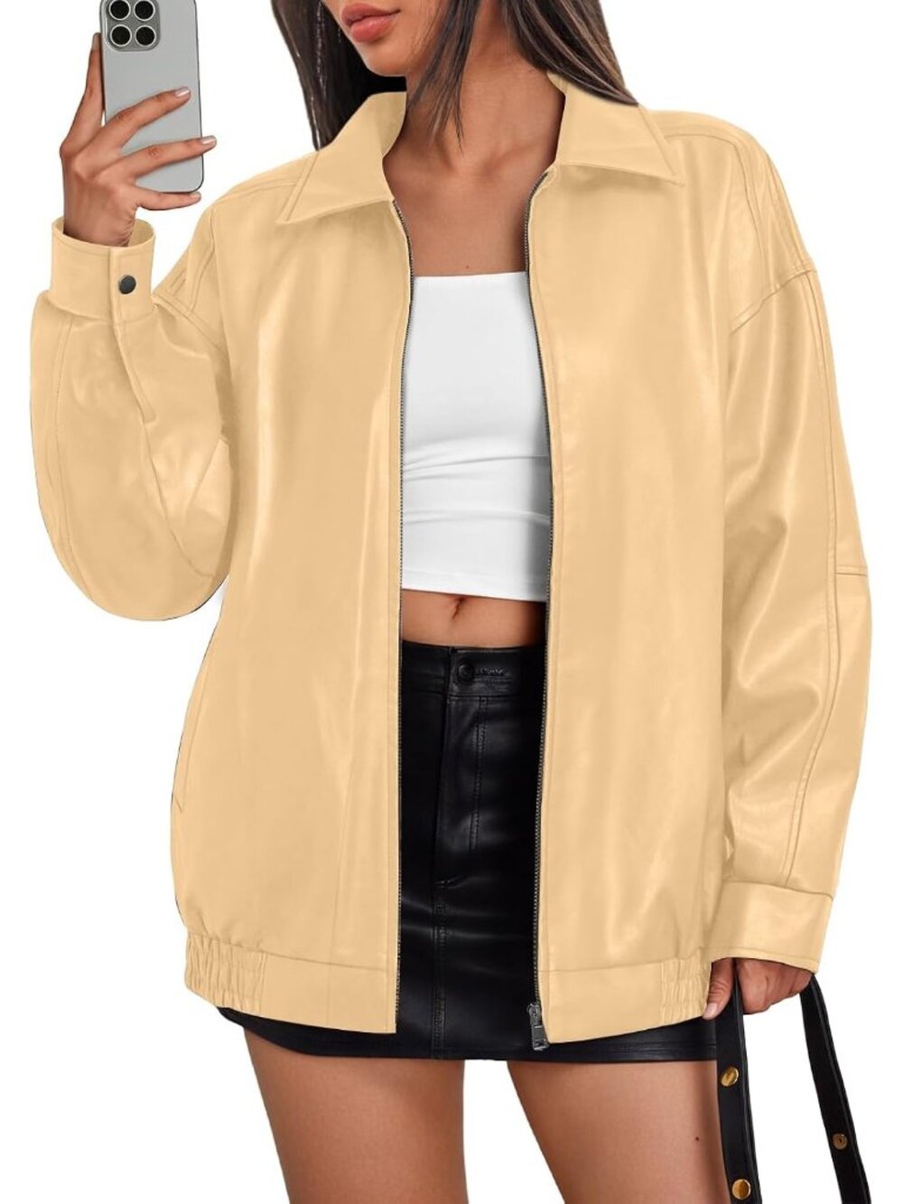 Women’s Khaki Oversized Faux Leather Motorcycle Moto Biker Jacket
